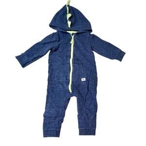 Carter's Dinosaur Hooded Blue Contrasting Trim Zipper Romper 12 months Pretend